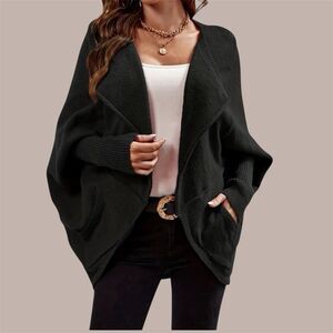Elegant Long Sleeve Cardigan Black with Collar and Batwing Style for Women Small